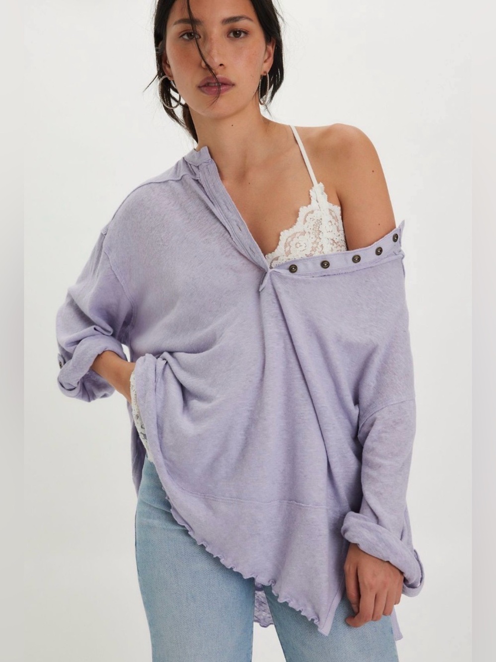 Free People We The Free Cotton-Linen Henley Tee. NWT. Misty lilac